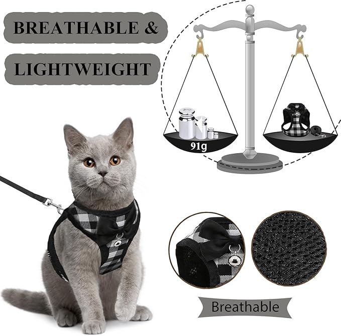 Cat Leashes and Harnesses for Walking,Breathable Soft Kittens Vest for Cats Dogs, Kitten Harness Escape Proof with Bell and Bow-Knot Decoration Christmas(M, Black-White)