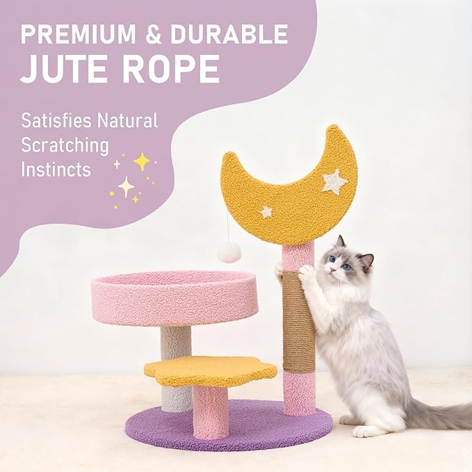Small Cat Tree, Moon Star Cat Tree Built-in Scratching Post and Bed, 23.5 in Purple Pink Cute Kitten Tower Cozy Fluffy Kitten Condo for Indoor Activity