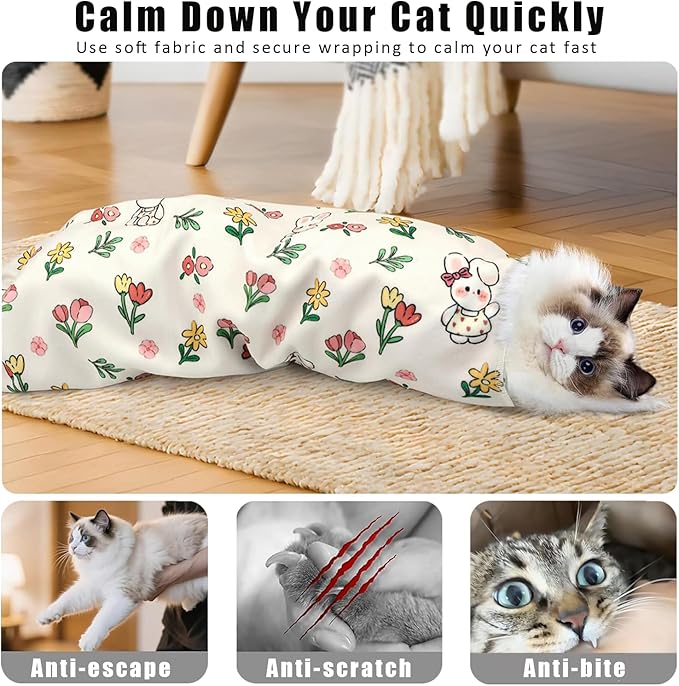 Cat Wrap for Cutting Nails, Self-Adhesive Cat Grooming Wrap Anti-Escape Anti-Scratch Calming Cat Swaddle Wrap for Nail Clipping, Medicine, Ear Cleaning, Multifuctional Pet Tool for Cat-Owner, Vet
