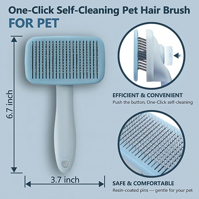Self-Cleaning Cat Shedding Grooming Brush for Small Dog Pet Short Hair Remover Set Reusable Lint Removal Tool Carpet Scraper for Clothes Couch Bedding Furniture Car Blue