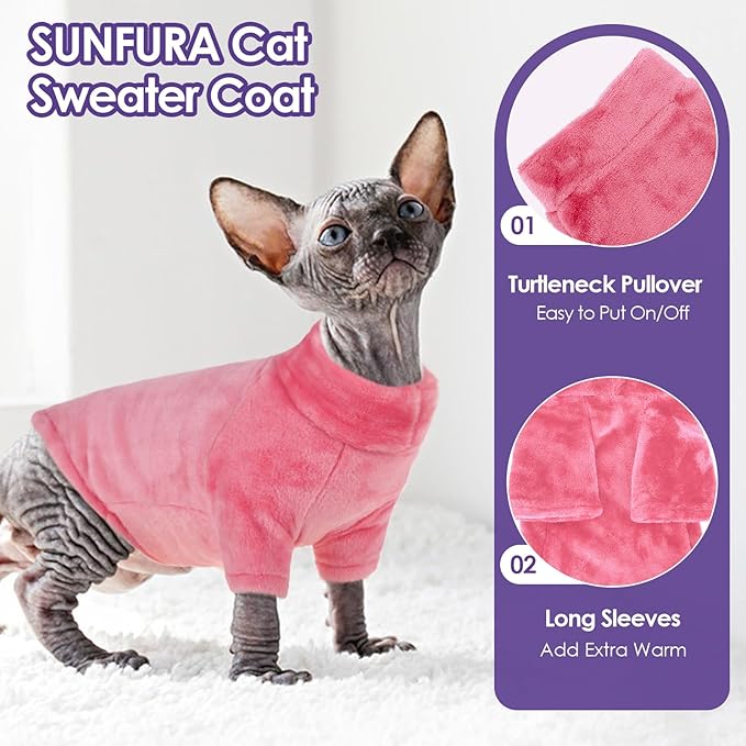 Turtleneck Sweater Coat for Cats, Sphynx Cat Clothes Pajamas for Cats Only, Kitten Fleece Pullover Sweaters with Sleeves, Pet Warm Jumpsuit Cat Sweatshirt for Cold Weather, Pink L