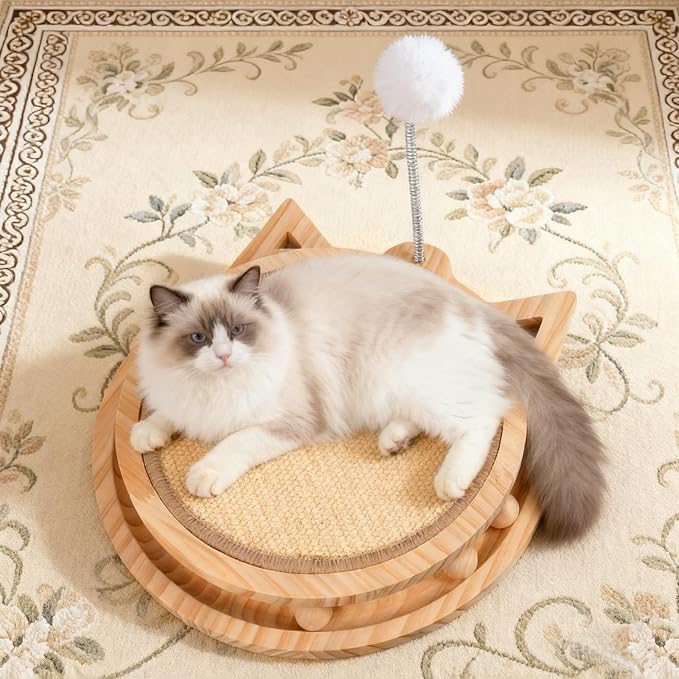 Sisal Cat Scratcher with Ball Track and Spring Toy 3 in 1 Wooden Interactive Cat Toys Cat Scratchers for Indoor Cats and Kitty