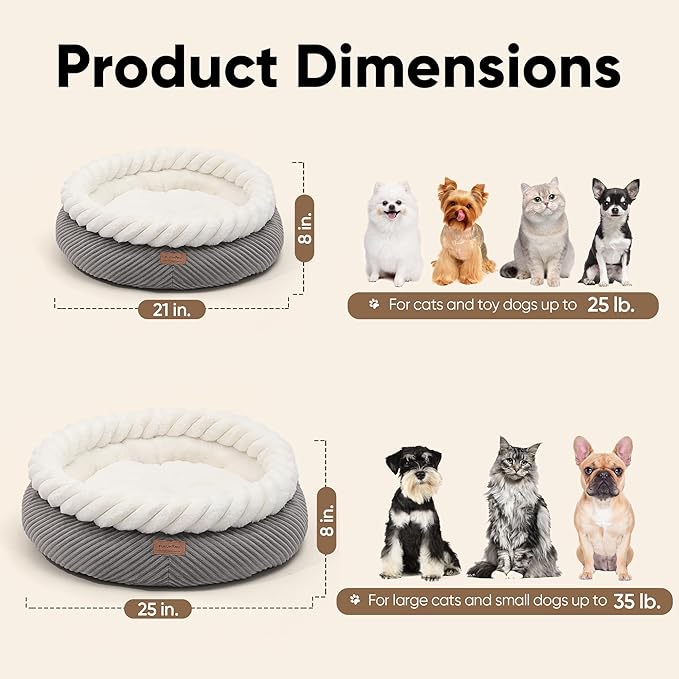 FUKUMARU Dog Bed, 25in Large Round Cat Beds, Plush Faux Fur&Corduroy Cat Beds, Cute Round Washable Pet Bed for Large Cats and Small Dogs, Cat Cave with Anti-Slip Bottom, 25inch, Grey
