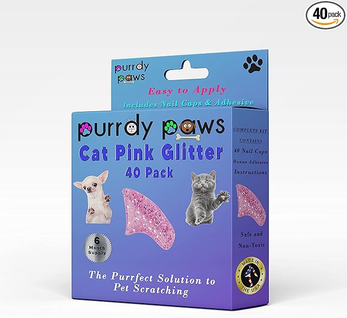 6 Month Supply Soft Nail Caps for Cats Pink Glitter Small - Extra Adhesives