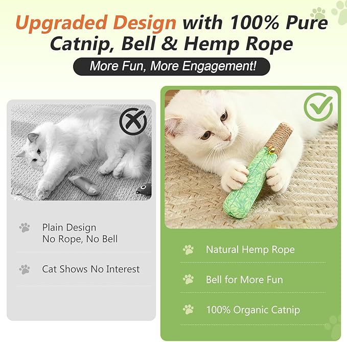 3 Pack Catnip Toys for Cats, Funny Kicker Cat Toys with Dental Rope & Jingle Bell, 100% Organic Catnip Catnip Toys, Bite-Resistant Chew Toy for Kitten Teething, Indoor Cat Toys