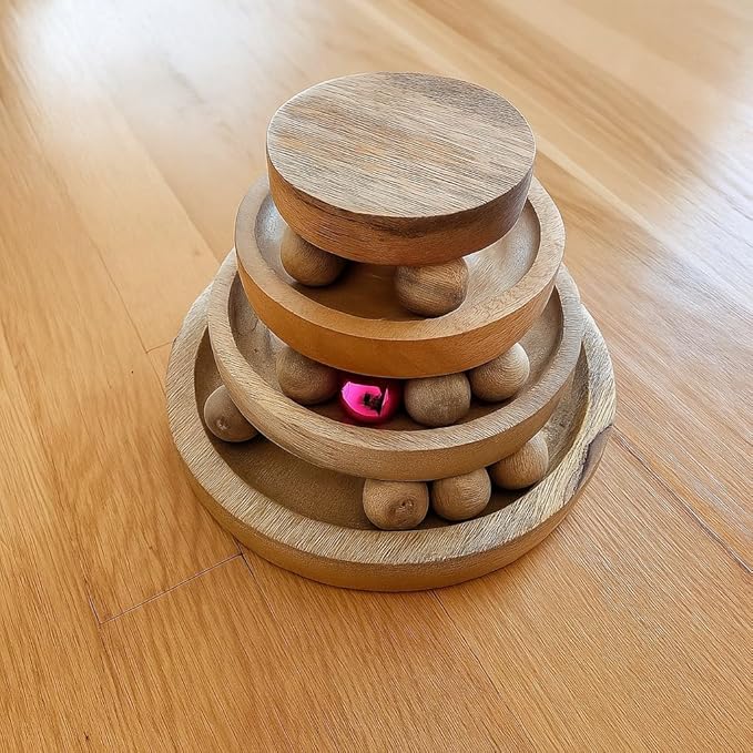 Interactive Cat Toy Tower with Balls & Bell – 3 Tier Track Ball Toy for Indoor Cats & Kittens – Wooden Cat Enrichment Toy for Bored Cats, Exercise & Mental Stimulation 8 x 8 x 4 Inches
