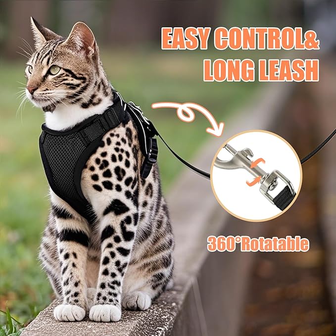 Cat Harness and Leash Set,Escape Proof Adjustable Cat Harness,Soft and Breathable Kitten Harness and Leash with Reflective Strips for Walking and Traveling(Black,XS)