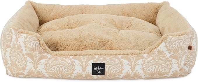 Nicole Miller New York PET Mod Damask Plushy Bolster Pet Bed, Cozy & Calming, Non-Slip Bottom, Machine Washable Cover, Taupe, Medium 30"x23"x8"