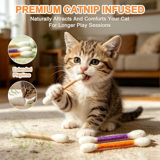 LEDeng Cotton Swabs Cat with Catnip, Swabs Catnip Toys Set of 6 Soft Plush Kicker Toys, Sturdy Teething Chew Toy (B)