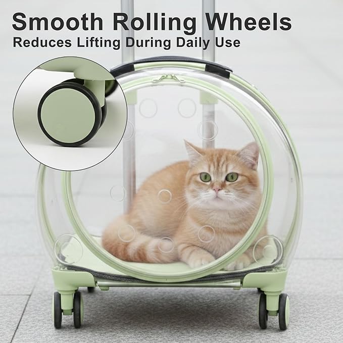 Hard Shell Cat Carrier with Wheels, Rolling Cat Travel Carrier with Telescoping Handle, Transparent Pet Carrier for Cats (Green)