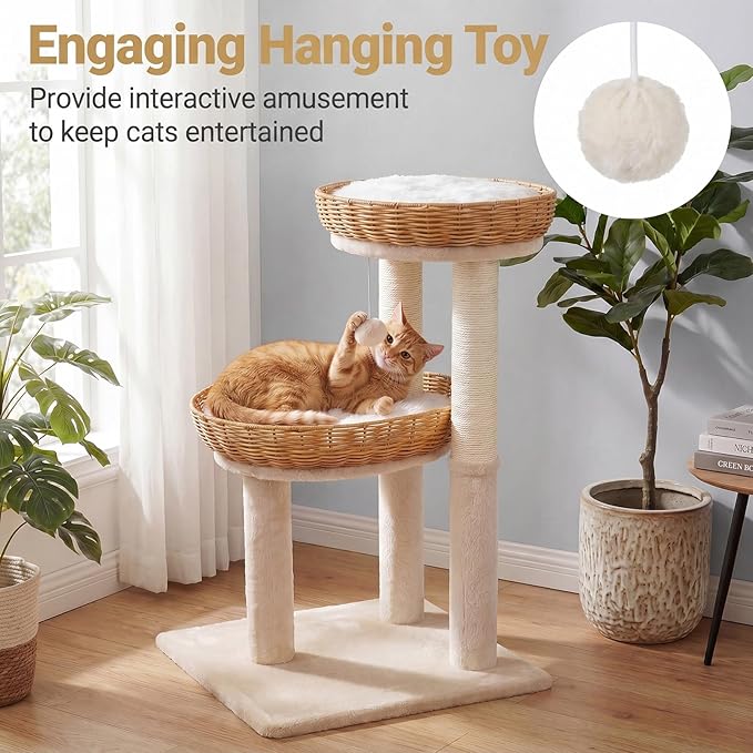 Tangkula Modern Cat Tree, 30 Inch Small Cat Tower with 2 Rattan Cat Baskets, Sisal Scratching Posts, Hanging Ball, 2 Large Nest Cat Beds with Removable & Washable Plush Cushions for Indoor Kittens
