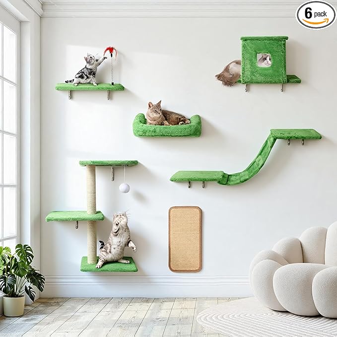 Cat Wall Shelves, 6 in 1 Cat Wall Furniture Set with Condos House, Bed, Bridge, Tree, Steps, Scratching Board, DIY Walls Playground for Indoor (Green)