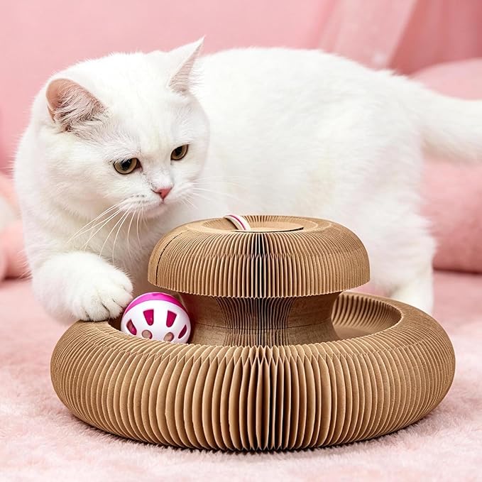 Heart Magic Organ Cat Scratcher, Foldable Accordion Heart Shaped Scratching Board with Bell Ball, Recycled Cardboard Interactive Scratch Pad for Indoor Cats & Kittens
