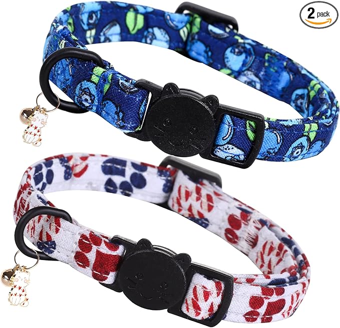 Elegant little tail 2 Pack Cat Collar- Blueberry Cotton Breakaway Cat Collars with Bell Pendant Kitten Boy Girl Safety Adjustable Collar for Small Cats Puppy