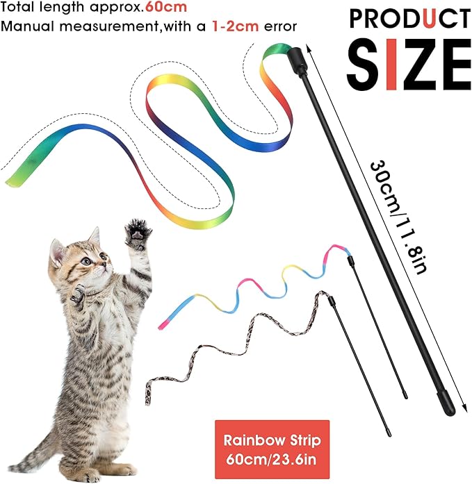 Amaxiu Cat Wand Toy Set, Interactive Cat Wand Toy with Rainbow Ribbon String, Leopard Print Cloth String for Small Cats Kittens Indoor Training Catcher (3 Packs)