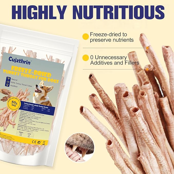 Freeze Dried Turkey Throat Cat and Dog Snacks, High Protein, Crunchy Single Ingredient Snacks, All Natural and Low Fat, Promotes Muscle Development