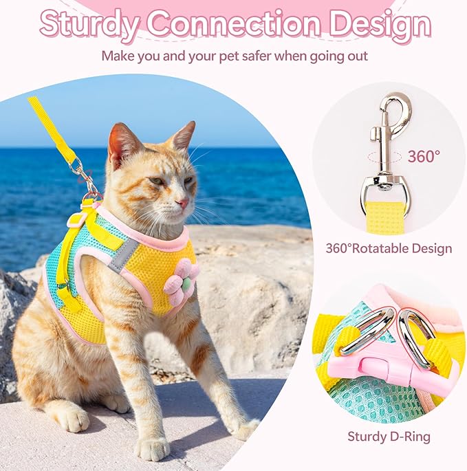 Cat Harness and Leash Set Escape Proof, Adjustable Cat Vest Harnesses Soft Kitten Harness Reflective Strips Jacket with Flower, Breathable Mesh Harnesses for Cats Puppy Easy to Wear Outdoor Walking