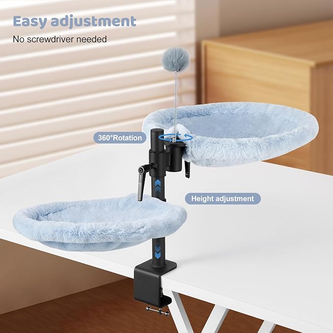 Odoland Cat Desk Bed, 360° Rotatable Adjustable Height Cat Hammock Bed for Home Office, Comfortable Soft Desk Kitten Nest with 2 Washable Fabrics for All Seasons