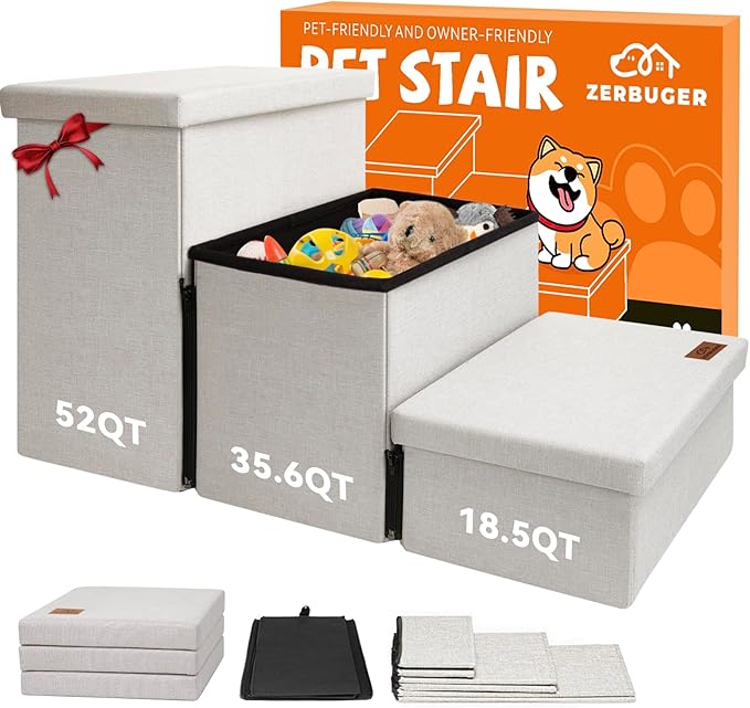 Zerbuger Dog Stairs with Storage 18" H, 3-Step Wider Dog Steps for Small/Medium/Large Old Dogs Cats, Folding Sturdy Pet Stairs Climbing Bed or Couch, Ramp for Car Up to 200 lbs (Beige, No Condo)