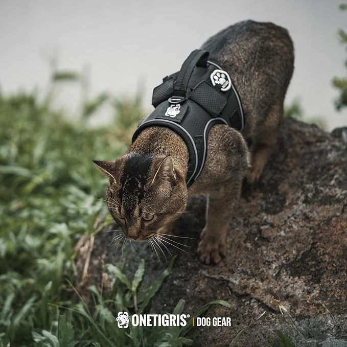 OneTigris Tactical Cat Harness and Leash - Escape Proof Soft Adjustable Cat Harness, Breathable, Comfortable, Durable Water-Resistant Vest with Reflective Strips and Pocket for Cat Tracker