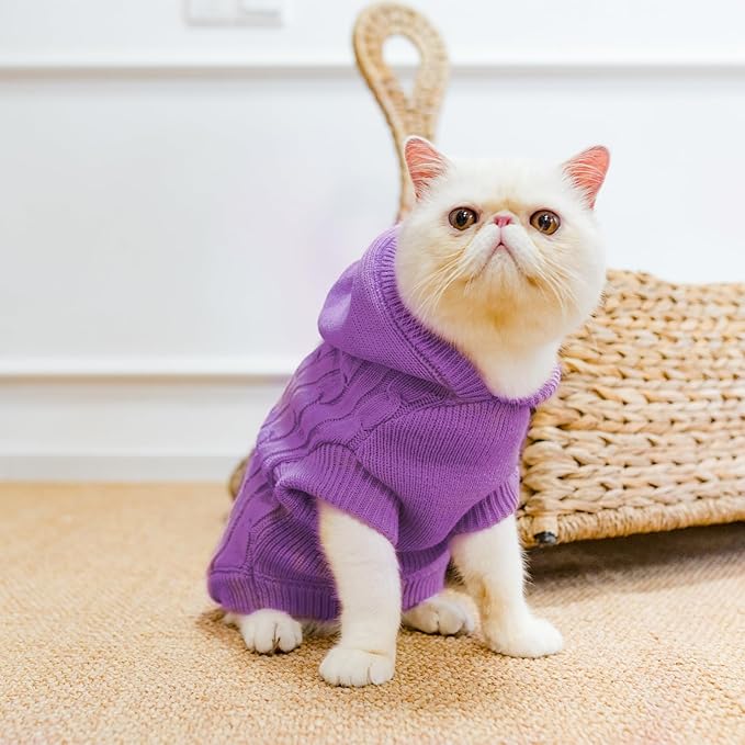 PUPTECK Winter Dog Cat Sweater Coat - Soft Cold Weather Clothes Knitwear for Kitties & Small Dogs Indoor Outdoor Walking Warm, Knitted Classic for Doggies Kitties Girls Boys, Purple S