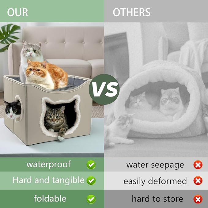 Cat Beds for Indoor Cats, Large Cat Houses with Cozy Condo,with Premium Tech Fabric& Scratch Pad, Round Window, Foldable Indoor Cat House Hold Up to 30LBS, with Reversible Cushion for Multi Small Pet
