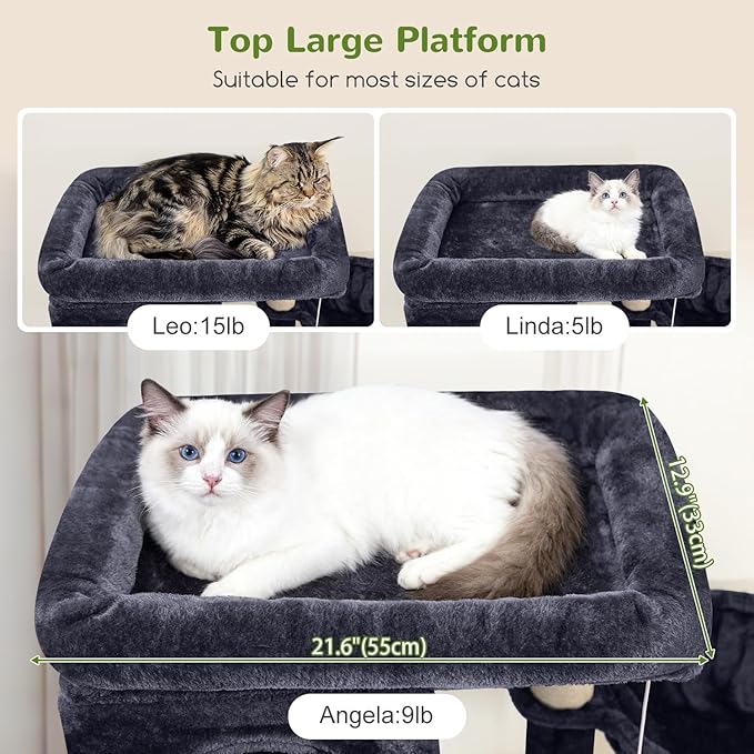 Globlazer Large Cat Tree, 80 inch Multi-Level Tall Climbing Tower Kitty Condos Cat Scratching Tower for Indoor Multiple Large Adult Cats Kittens with 3 Cat Caves, 3 Hanging Baskets, F80F, Dark Grey