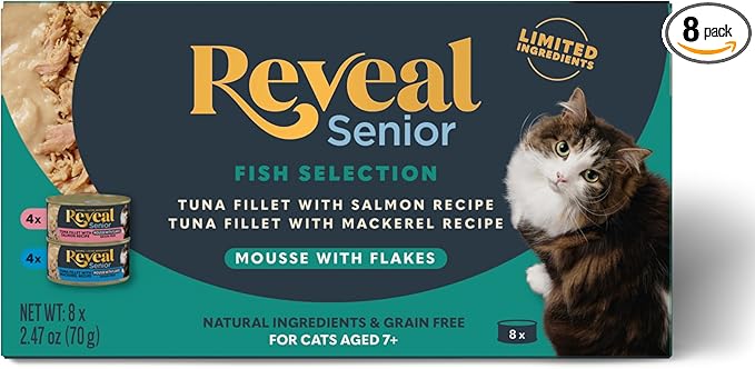Reveal Natural Wet Senior Cat Food Flakes, Limited Ingredient, Grain-Free with High Protein with No Artificial Additives, Tuna Fillet Flakes in Mousse (8 x 2.47 oz Cans)