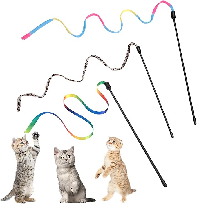 Amaxiu Cat Wand Toy Set, Interactive Cat Wand Toy with Rainbow Ribbon String, Leopard Print Cloth String for Small Cats Kittens Indoor Training Catcher (3 Packs)