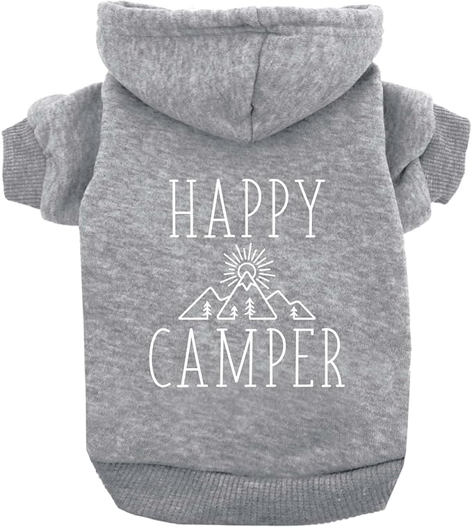 Happy Camping Dog Hoodie | Fleece Lined |Leash Hole| Summer | Outdoors | Travel | Hike|Grey, 3X-Large 278