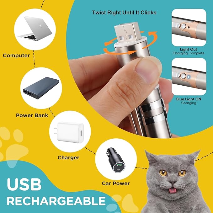 Koackl Cat Toy for Indoor, USB Rechargeable Cat Toy, 3 Light Colors Cat Interactive Toys for Dogs, Cats, Pet Chase Toy for Fun Playing Training Exercise Indoors