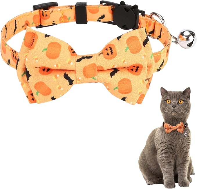 Halloween Cat Collar, Adjustable Kitten Halloween Collars with Bow Tie and Bell, Breakaway Kittens Collar for Girl Boy Cats Kittens (Orange)