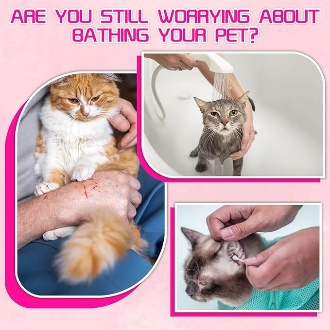 Cat Bathing Bag, Anti-Scratch & Anti-Bite Adjustable Mesh Cat Shower Bag with Nail Clipper, Grooming Comb, Bath Brush & Nail File, Breathable Cat Washing Bag for Bathing, Nail Trimming