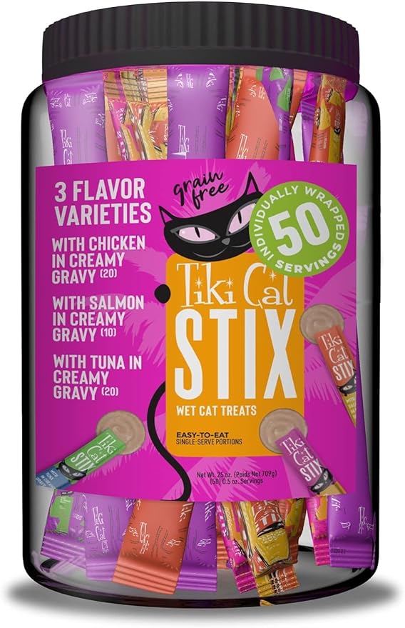 (2 Jar) Tiki Cat Stix Mousse Treats, Variety Mega Jar, Single Serve Indulgent Lickable Treat or Dry Food Topper, 50 Count, 25 oz. (0.5 oz./Stick)