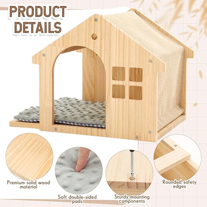 2 Pack Wall Mounted Cat Furniture, 16.5"x11" Solid Wood Cat Wall Shelves with Pillow Cushions, Wall-Mounted Box Condo House Perches, Stable Design for Small to Medium Cats, Space Saving