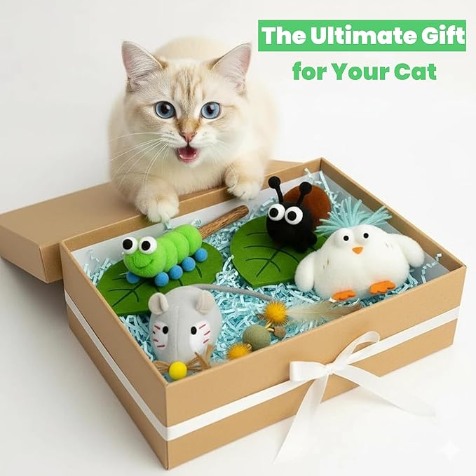 Catnip Toys for Cats, 5 Pcs Interactive Cat Toys Set with Silvervine Sticks, Squeaky Plush Mouse & Chirping Bird, Organic Catnip Dental Chew Toys for Kitten Teething & Boredom Relief
