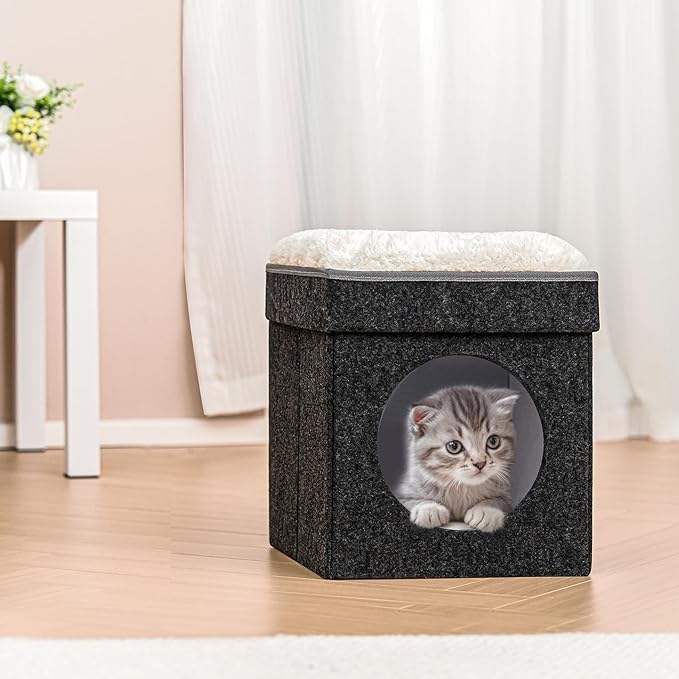 B FSOBEIIALEO Cat House Cube Small Dog Cubes for Indoor Cats Folding Cat Ottoman, Cat Cave, Stackable Cat Condo for Kitten, with Removable Soft Sleeping Bed, Felt and Engineered Wood 12.6"(Dark Grey)