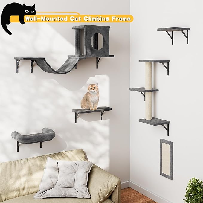 NUNU LAB Cat Wall Shelves, 6 Pcs Luxury Wall-Mounted Cat Climber Set, Indoor Cat Furniture with 1 Condos House, 2 Cat Wall Shelves, 1 Scratching, 1 Bridge Ladder, 1 Scratching Pad,Dark Gray