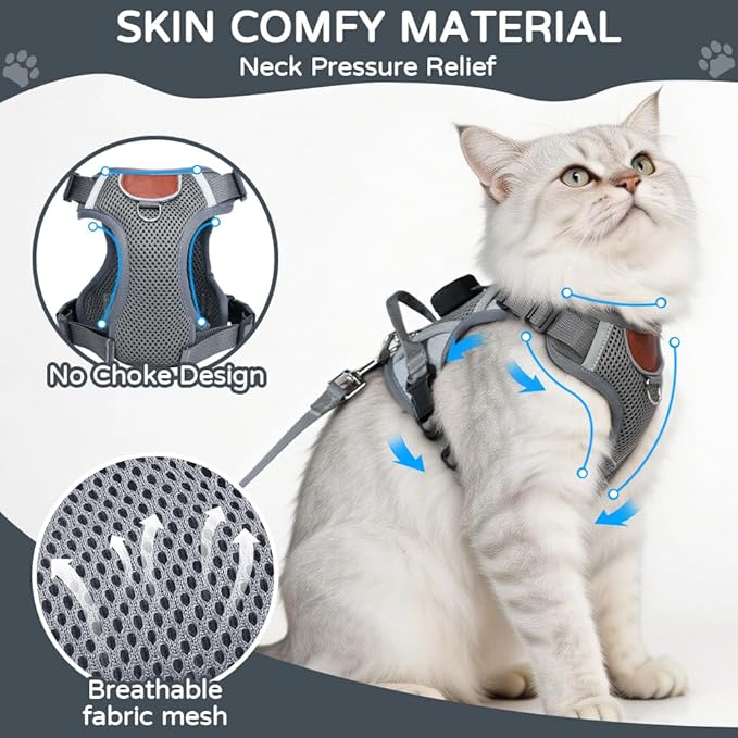 Cat Harness and Leash Set with Holder Compatible with AirTag, Upgraded Escape Proof Kitten Harness with Lead for Large Adult Cats, Soft Mesh Jacket Vest for Walking, Reflective & Adjustable, Grey, M