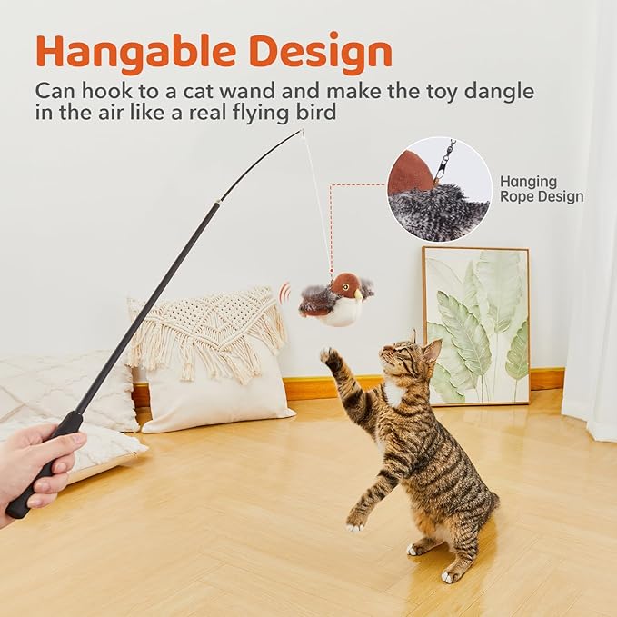 Potaroma Cat Toys Rechargeable Flapping Bird Sparrow, Lifelike Chirp Tweet, Touch Activated Kitten Toy Interactive Cat Exercise Toys for All Breeds Cat Kicker Catnip Toys 4.0 Inches