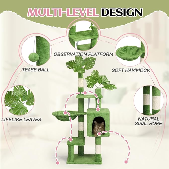 VINGLI Cat Tree, Cat Tower with Leaves, Cat Condo for Indoor Kittens, Cats Activity Center with Cozy Hammock, Sisal Scratching Posts, Green (48" H)