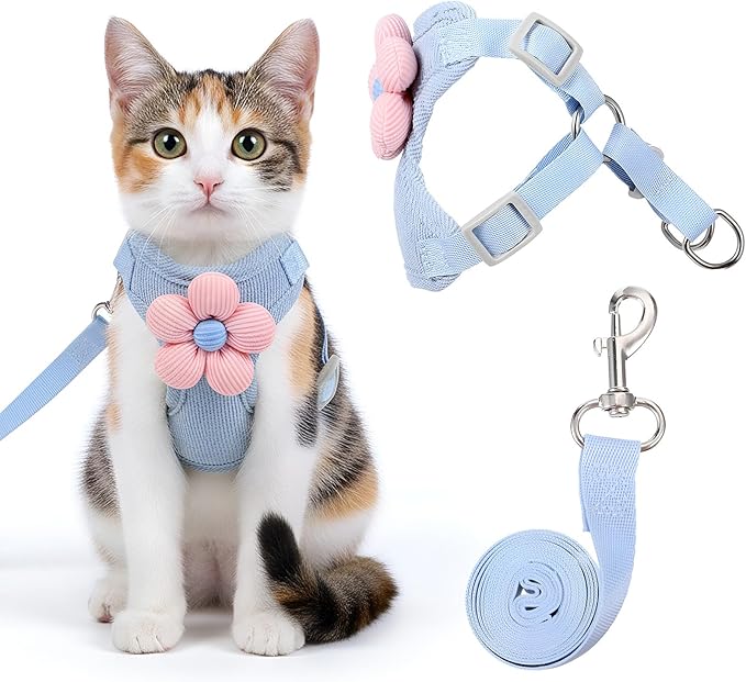 Cat Harness and Leash Set, Escape Proof Safe Kitten Vest Harnesses Adjustable Comfy Breathable Soft Mesh Step-in Jacket with Flower for Small Pet Kitty Puppy Dogs Bunny Walking