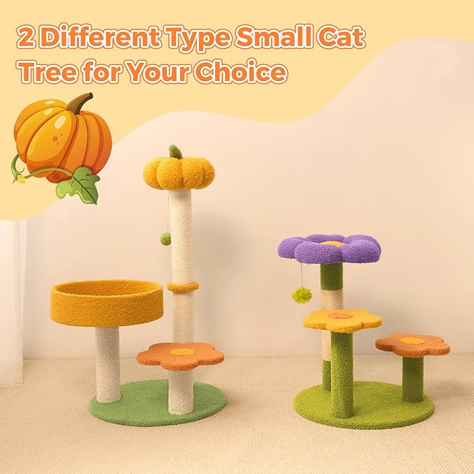 Cat Tree Post, 29.5" Pumpkin Flower Cat Tower Kittie Flower Kitten Nest with Sisal Post, Cozy Fluffy Cat Condo 3 Pillars Kitten Climbing Scratcher for Indoor Activity