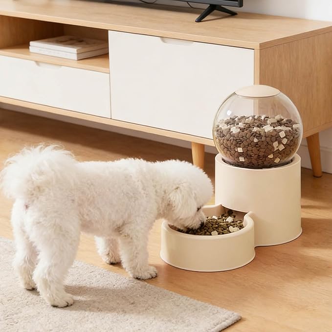 Automatic Cat Feeder, Water Dispenser Gravity Food Feeder and Water Set, Pack of 2, Cat Food Dispenser and Gravity Water Fountain for Cats Small Dogs Puppies Kittens Pets (Beige)