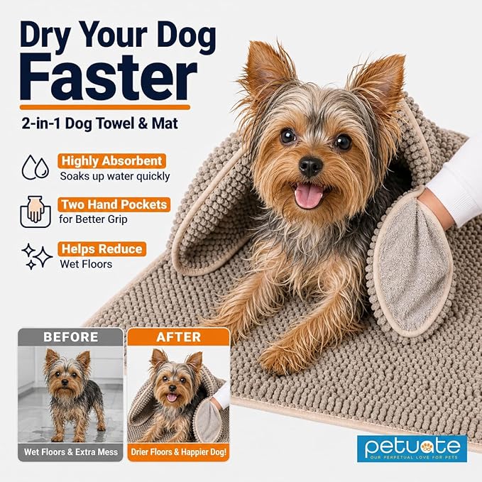 Pet 2-in-1 Dog Towel & Mat – Transforms from Drying to Bath Mat, Ultra Soft, Absorbent & Quick-Drying, Machine Washable Dog Towels with Detachable Non-Slip Mat and Hand Pockets (Small)