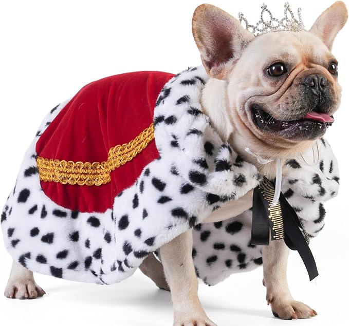 Lovelyshop Pet Serial Majestic Dog/Cat Costume Collection with Lux Velvet Cloak and Silver Pearl Crown Set for Halloween,King Queen Prince and Princess Cosplay-M