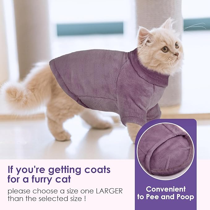 Turtleneck Sweater Coat for Cats, Sphynx Cat Clothes Pajamas for Cats Only, Kitten Fleece Pullover Sweaters with Sleeves, Pet Warm Jumpsuit Cat Sweatshirt for Cold Weather, Purple S