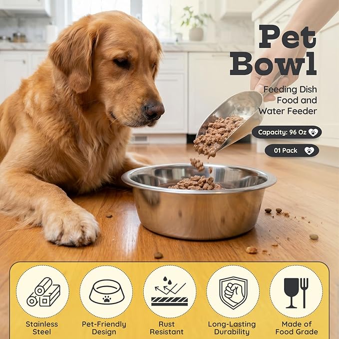 1 Pack Shallow Stainless Steel Cat & Dog Bowls, 12 Cup (96oz), Heavy Duty Pet Feeder Replacement Bowl, Rust Resistant Metal Cat Dishes for Food & Water