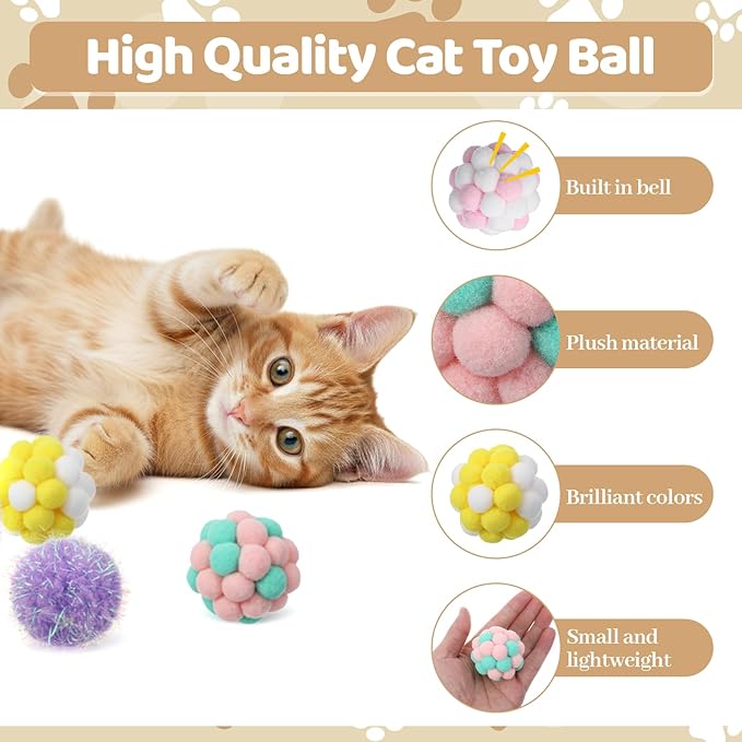 12 Pieces Cat Pom Pom Balls, PVA Polyester Material, Soft Pompoms with Bells, 5cm 6cm Interactive Ball Toy for Cats Kitten Indoor Outdoor Playing Chewing Scratching