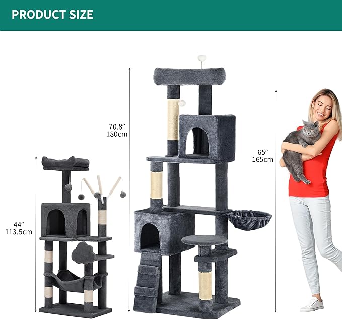 DWVO 44in Cat Tree for Indoor Kittens: Cat Tower Multi-Level with Scratch Posts, Window Padded Plush Perch, Hammock, and Interactive Pompoms Dark Gray